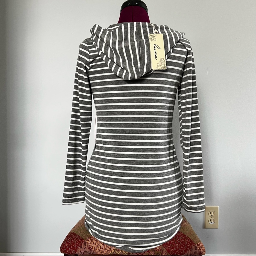 Lawa Women’s Striped Long Sleeve Hooded Super Mini Dress with Pockets NWT - Picture 2 of 13